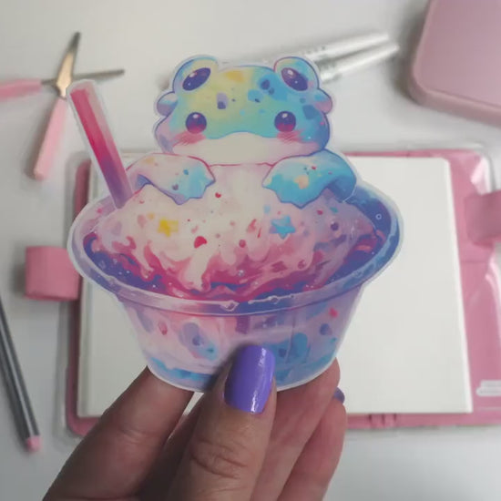 Kawaii Alien Frog Sticker with Cosmic Boba Dessert – Cute Space Frog and Sweet Treat