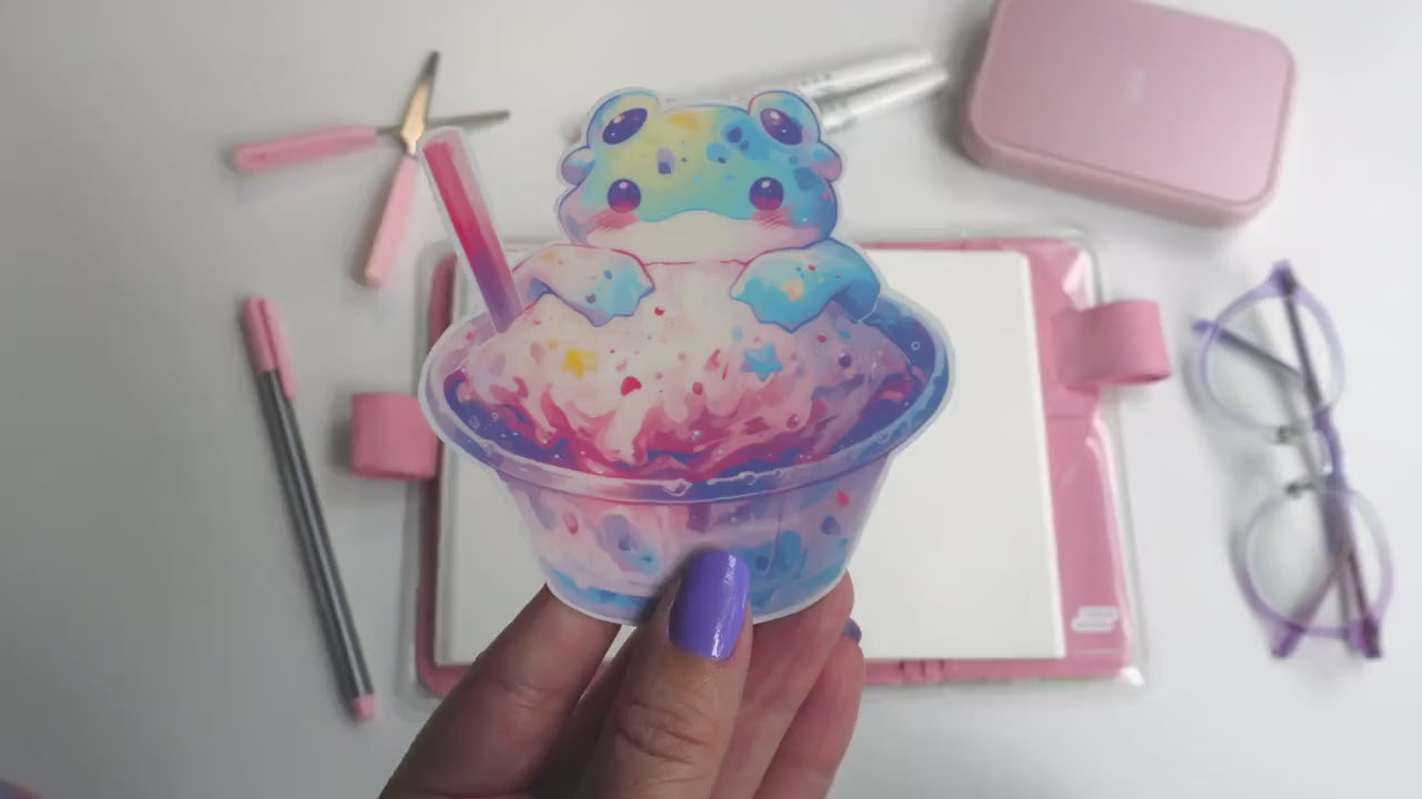 Kawaii Alien Frog Sticker with Cosmic Boba Dessert – Cute Space Frog and Sweet Treat