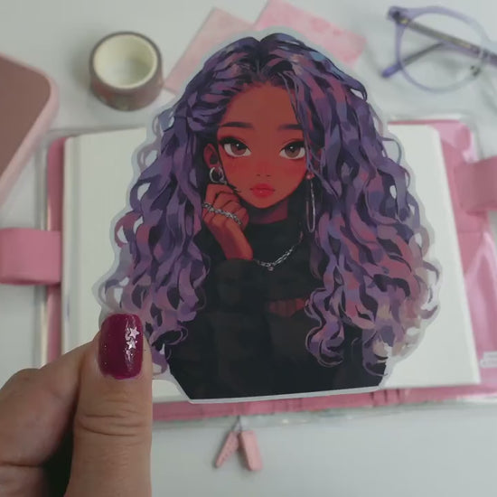 Kawaii Anime Girl Sticker - Purple Hair & Silver Jewelry Aesthetic