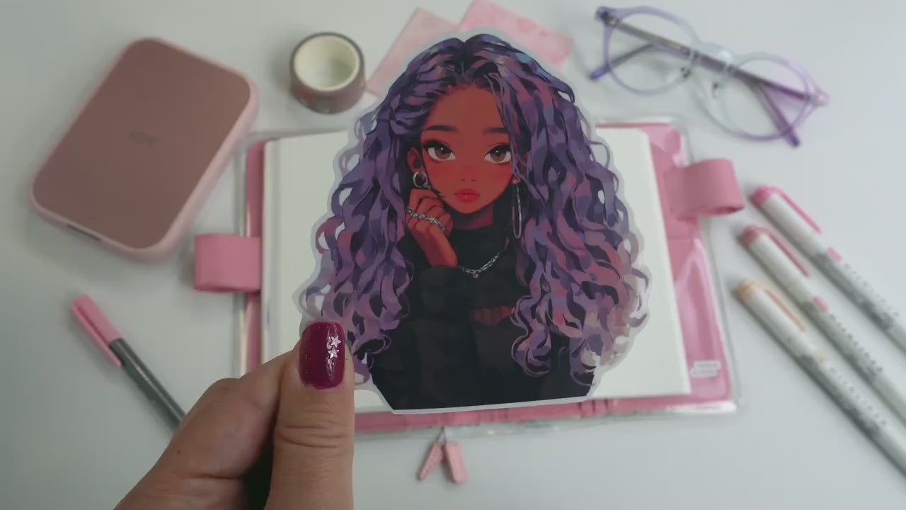Kawaii Anime Girl Sticker - Purple Hair & Silver Jewelry Aesthetic
