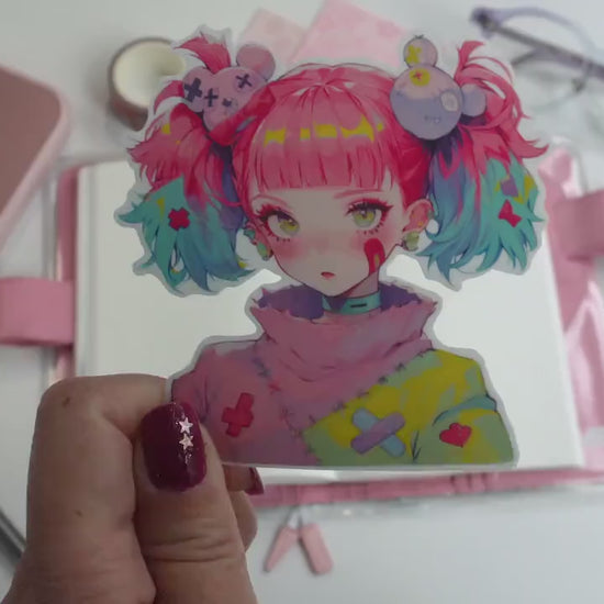 Decora Aesthetic Kawaii Anime Sticker - Pink & Teal Hair with Colorful Accessories