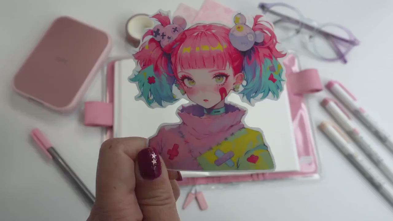 Decora Aesthetic Kawaii Anime Sticker - Pink & Teal Hair with Colorful Accessories
