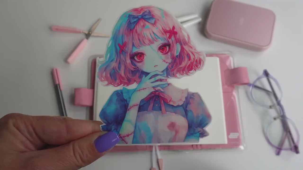 Stitched-Up Zombie Girl Sticker - Kawaii Creepy Undead Cutie - Colorful Vinyl Decal for Halloween or Spooky Decor