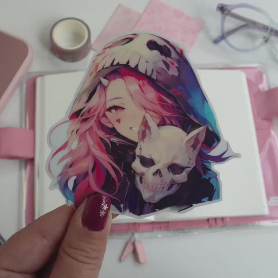 Skull Hood Anime Girl Sticker - Pink Hair Kawaii Gothic Art