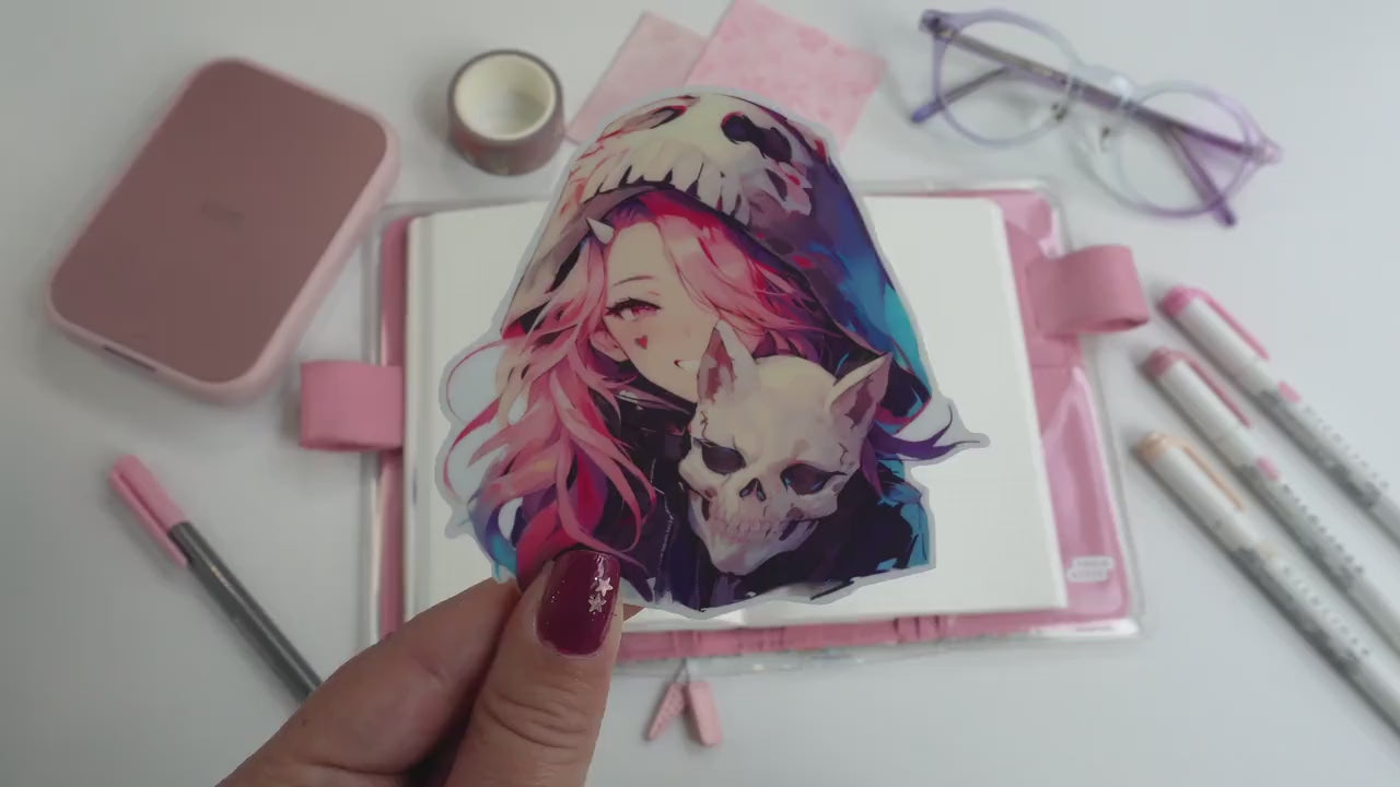 Skull Hood Anime Girl Sticker - Pink Hair Kawaii Gothic Art