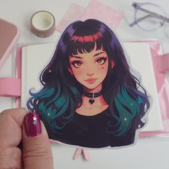 Edgy Anime Girl Sticker - Teal Ombre Hair & Gothic Aesthetic Art