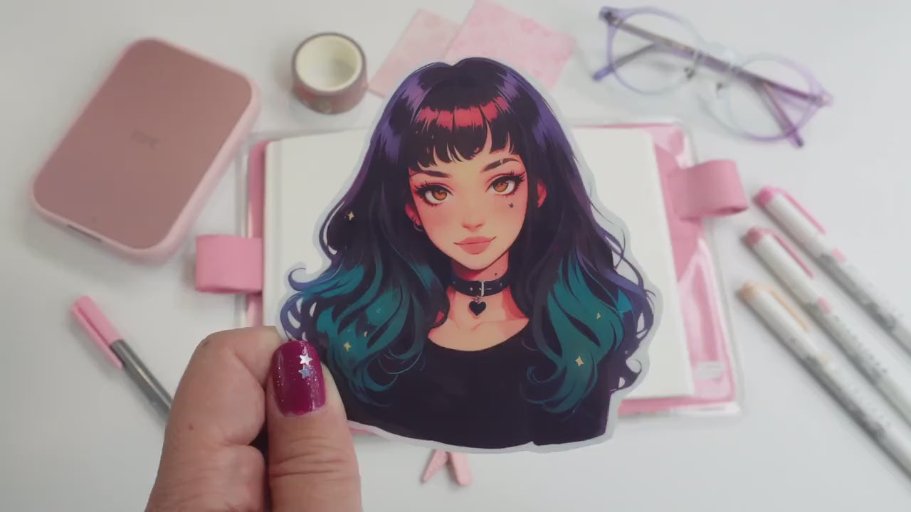 Edgy Anime Girl Sticker - Teal Ombre Hair & Gothic Aesthetic Art