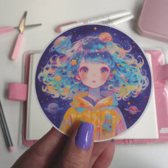 Space Kid Sticker with Galaxy Hair and Planets – Cute Cosmic Traveler