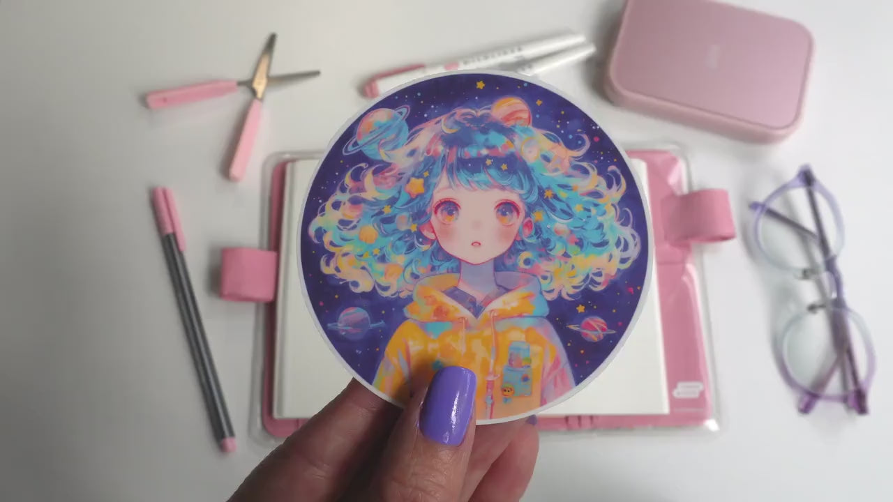 Space Kid Sticker with Galaxy Hair and Planets – Cute Cosmic Traveler