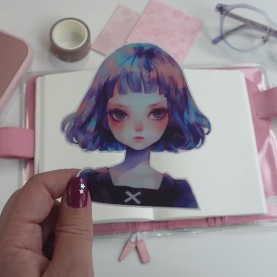 Blue & Purple Bob Kawaii Anime Sticker - Moody Watercolor Goth Aesthetic