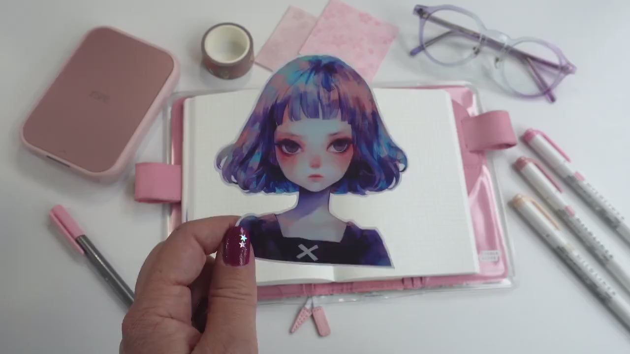 Blue & Purple Bob Kawaii Anime Sticker - Moody Watercolor Goth Aesthetic