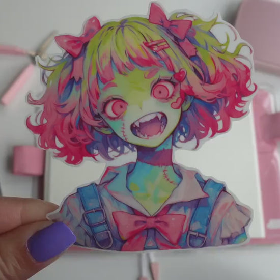 Fanged Zombie Girl Sticker - Kawaii Undead Monster with Colorful Hair - Cute Creepy Vinyl Decal for Halloween Fun