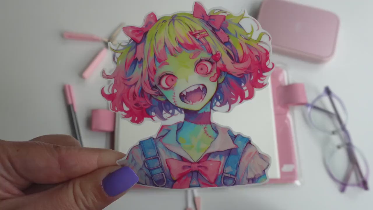 Fanged Zombie Girl Sticker - Kawaii Undead Monster with Colorful Hair - Cute Creepy Vinyl Decal for Halloween Fun