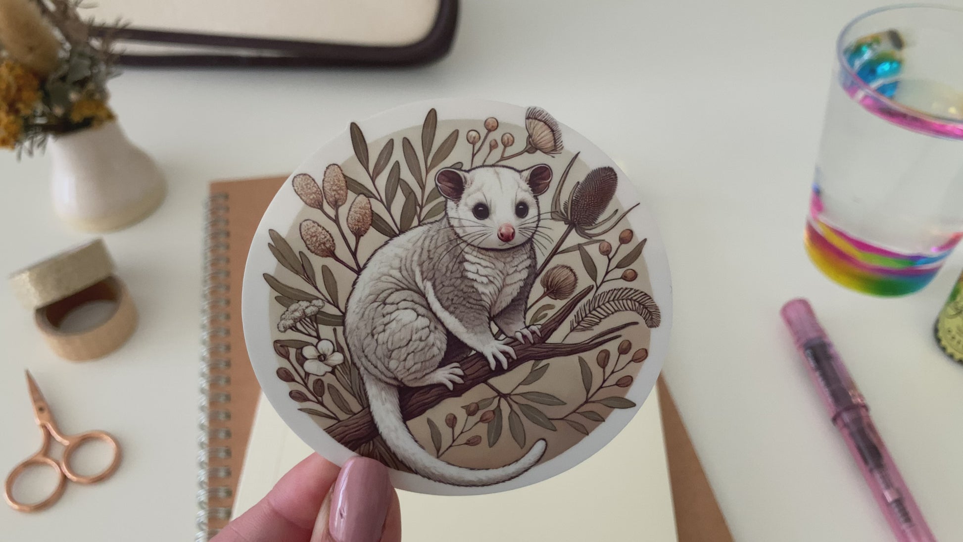 A hand with pink nails holds a round Australian possum sticker featuring a fluffy possum perched on a branch, surrounded by native botanical elements in warm earthy tones. The background includes a cozy desk setup with stationery, a notebook, a pink pen, a rainbow-rimmed glass, and dried flowers in a vase. The waterproof and scratch-resistant vinyl sticker is perfect for decorating water bottles, laptops, and journals with a touch of Australian wildlife charm.