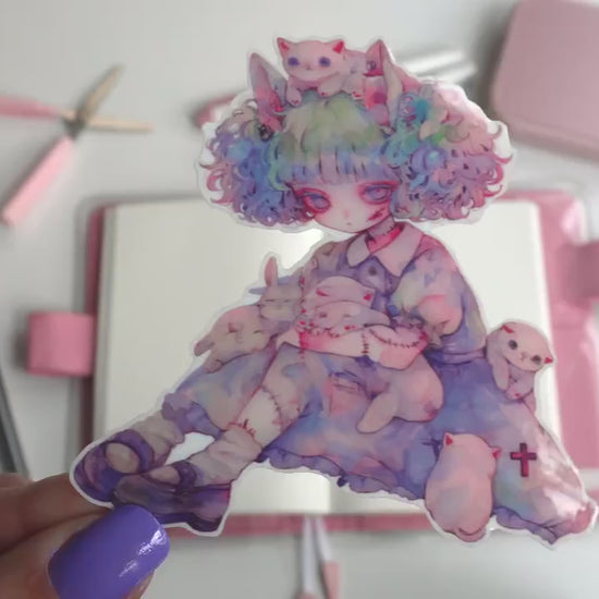 Ghoul Cat Girl with Kittens & Bunnies Sticker - Kawaii Monster Girl Vinyl Decal - Creepy Cute Pastel Goth Aesthetic for Halloween