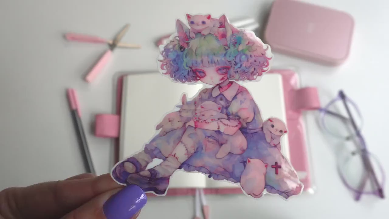 Ghoul Cat Girl with Kittens & Bunnies Sticker - Kawaii Monster Girl Vinyl Decal - Creepy Cute Pastel Goth Aesthetic for Halloween