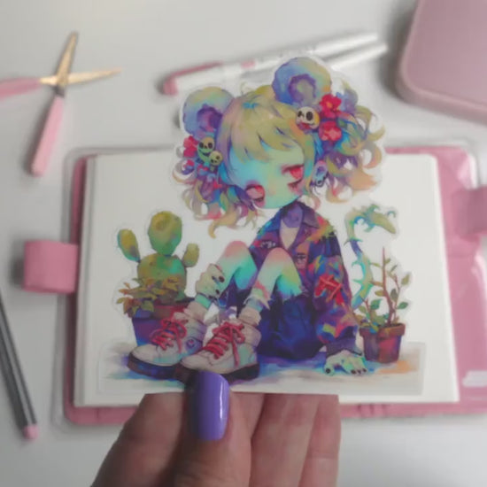 Kawaii Zombie Mouse Plant Girl Sticker - Cute Creepy Pastel Goth Vinyl Decal - Halloween Spooky Season Garden Aesthetic