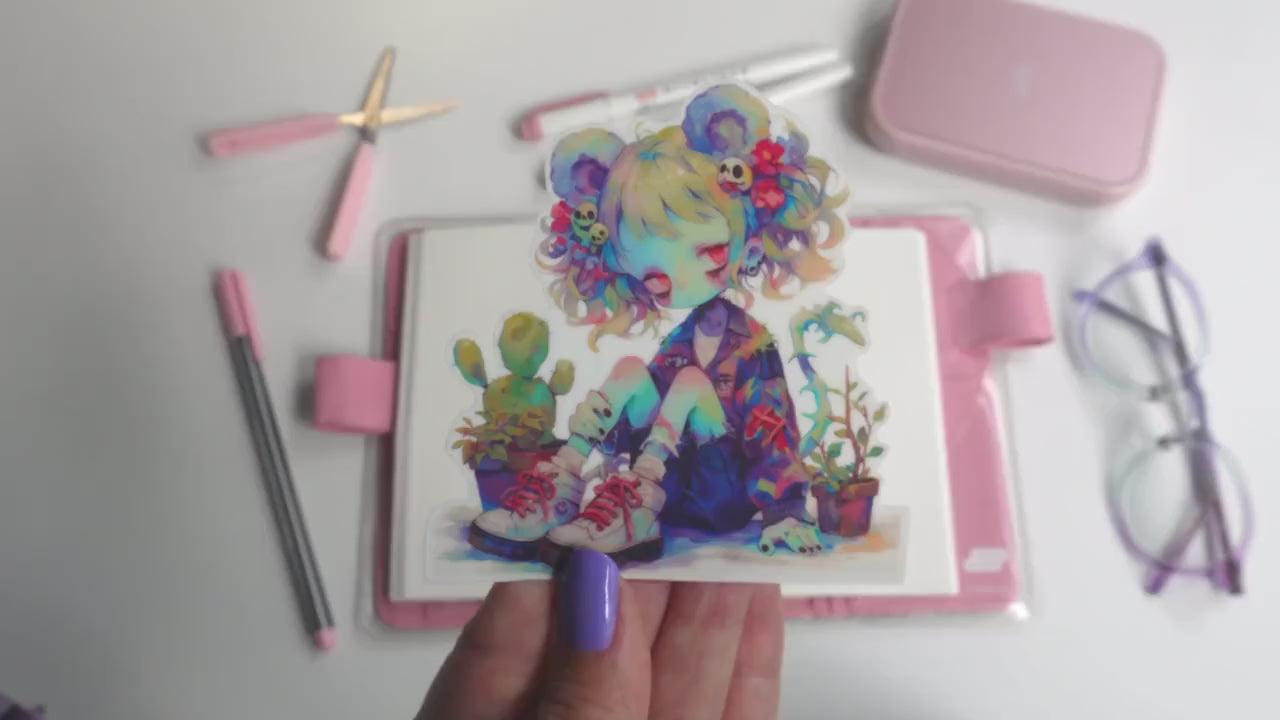 Kawaii Zombie Mouse Plant Girl Sticker - Cute Creepy Pastel Goth Vinyl Decal - Halloween Spooky Season Garden Aesthetic