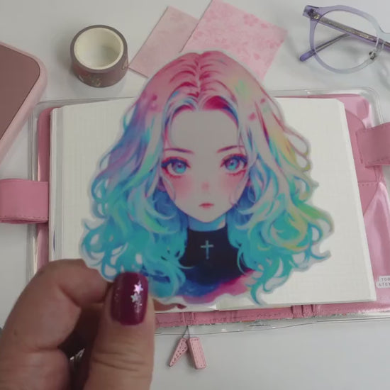Rainbow Hair Anime Girl Sticker - Pastel Kawaii Gothic Art