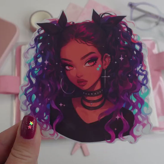 Cosmic Goth Girl Sticker – Vibrant Pastel Hair & Sparkling Anime Vibes