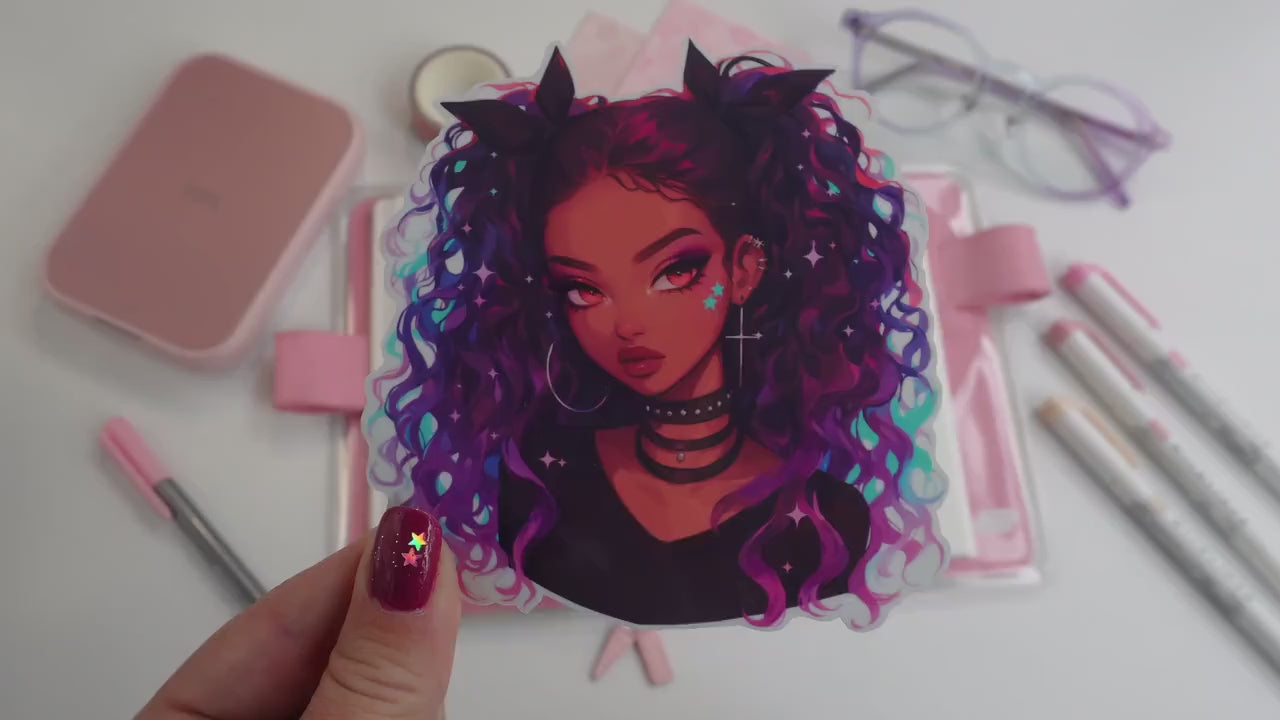 Cosmic Goth Girl Sticker – Vibrant Pastel Hair & Sparkling Anime Vibes