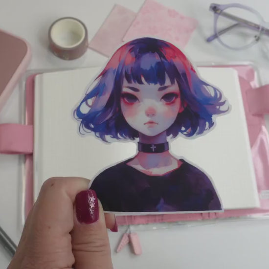 Moody Anime Girl Sticker - Red & Blue Gothic Art Decal