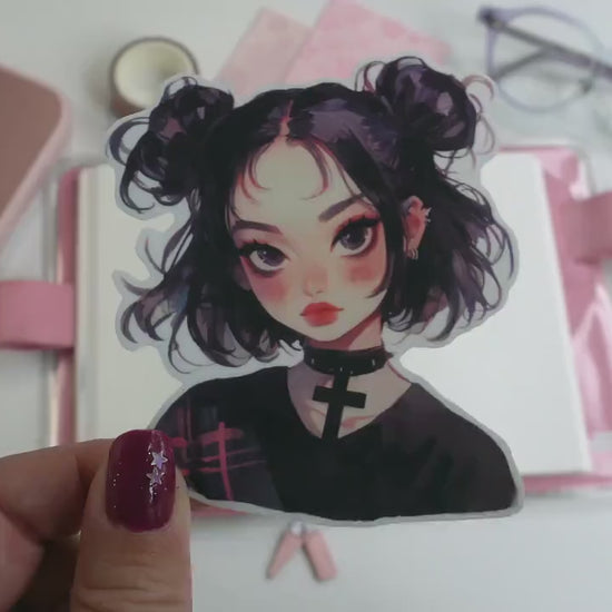 Black Hair Buns & Cross Choker Anime Sticker - Gothic Kawaii Aesthetic