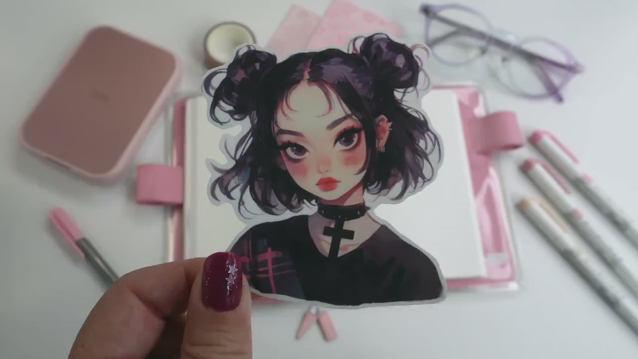 Black Hair Buns & Cross Choker Anime Sticker - Gothic Kawaii Aesthetic