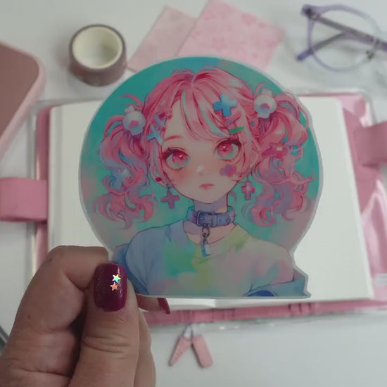 Decora Aesthetic Pastel Goth Sticker - Pink Pigtails & Padlock Choker