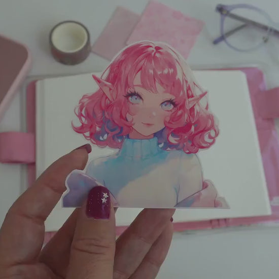 Adorably Cozy Pink-Haired Elf Sticker - Fantasy Art Sticker