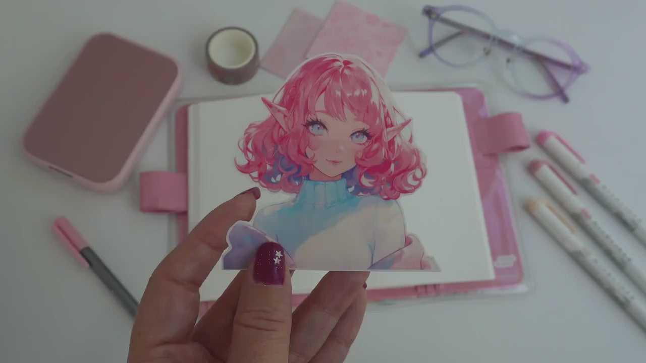 Adorably Cozy Pink-Haired Elf Sticker - Fantasy Art Sticker