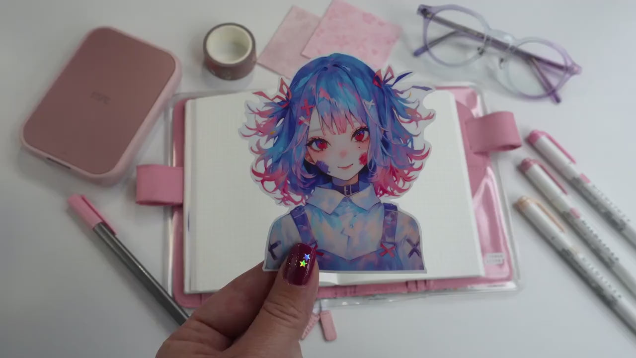 Blue & Pink Hair Kawaii Anime Sticker - Colorful Pastel Aesthetic with Bows
