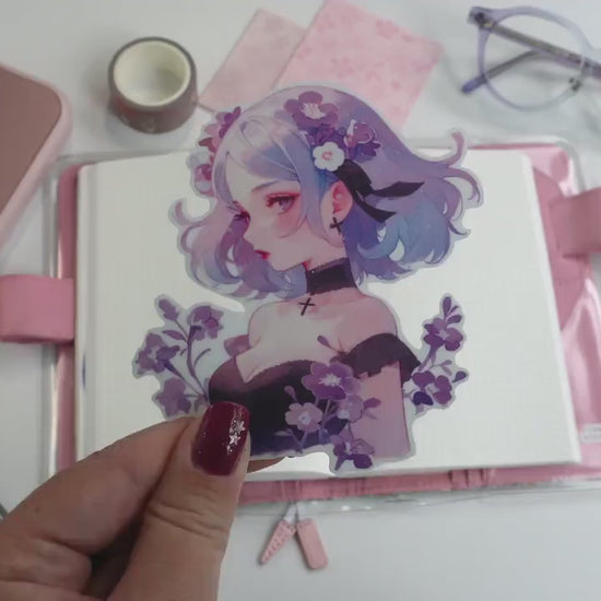 Romantic Goth Anime Sticker - Lavender Hair & Floral Aesthetic