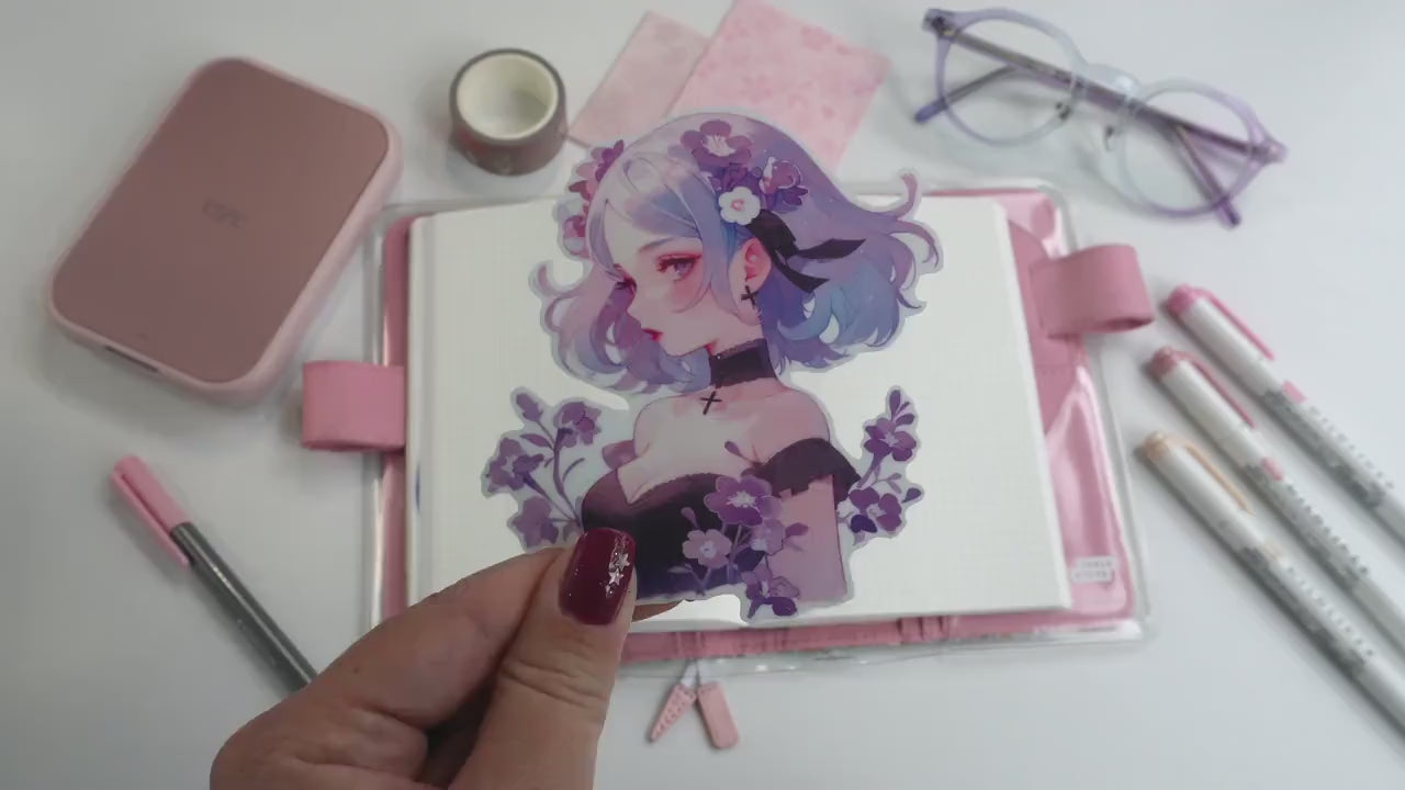 Romantic Goth Anime Sticker - Lavender Hair & Floral Aesthetic