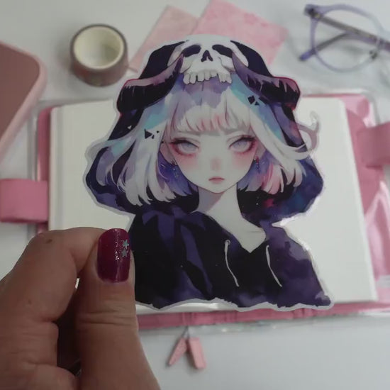 Skull Hood Anime Girl Sticker - Dark Fantasy Gothic Art Decal