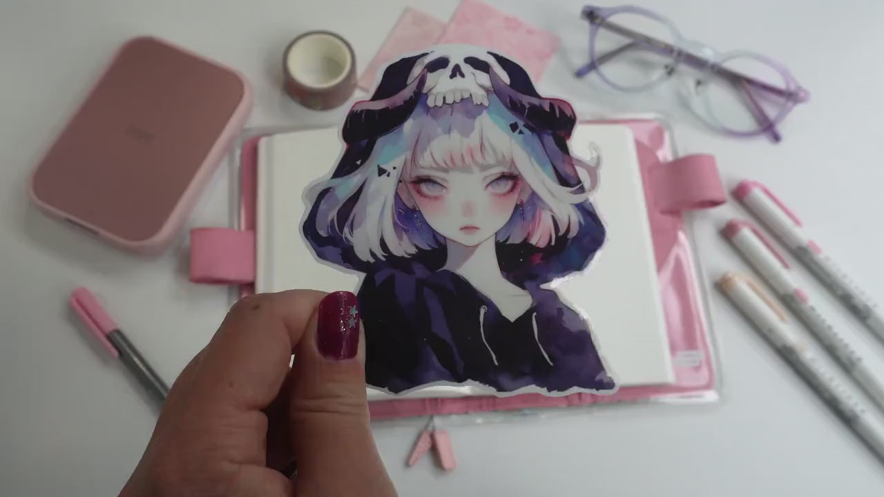 Skull Hood Anime Girl Sticker - Dark Fantasy Gothic Art Decal