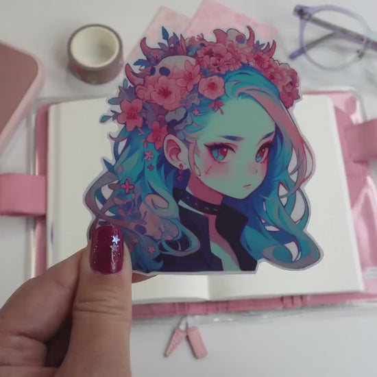 Floral & Thorn Crown Anime Sticker - Pastel Goth with Skulls, Teal Hair