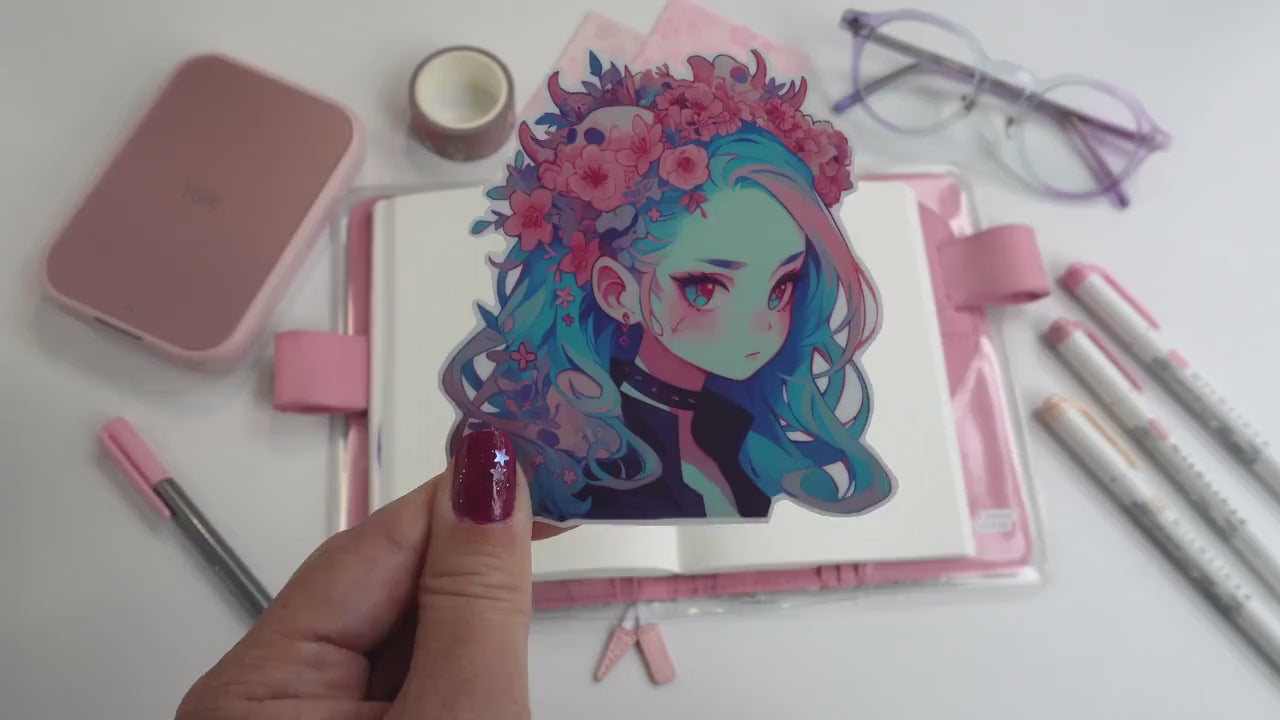 Floral & Thorn Crown Anime Sticker - Pastel Goth with Skulls, Teal Hair
