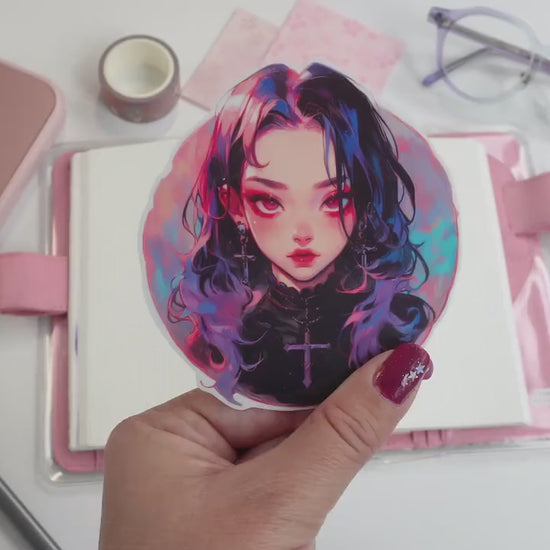 Pastel Gothic Anime Girl Sticker - Dark Aesthetic with Cross Jewelry