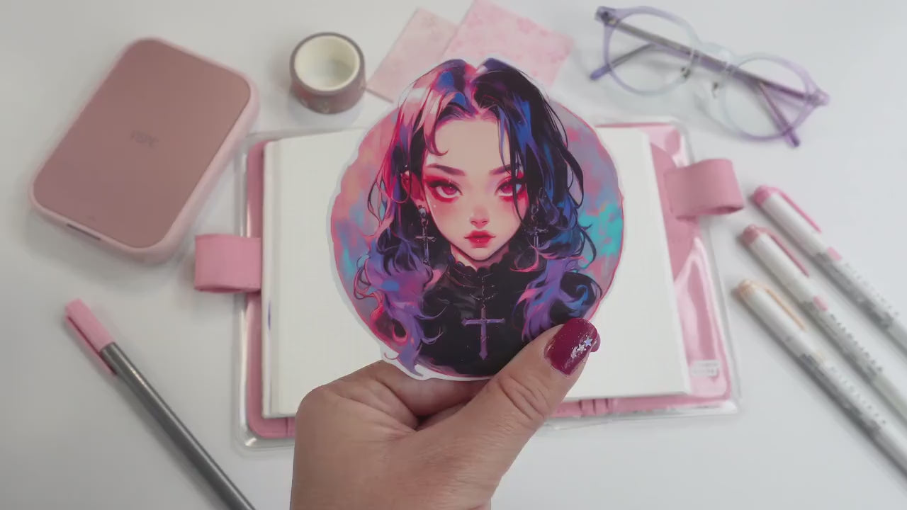Pastel Gothic Anime Girl Sticker - Dark Aesthetic with Cross Jewelry