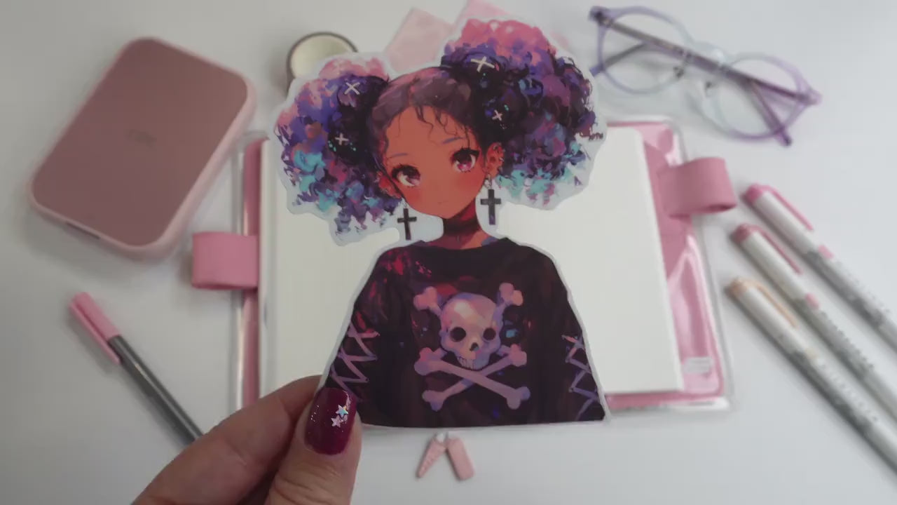 Gothic Kawaii Girl Sticker - Pastel Hair & Skull Aesthetic
