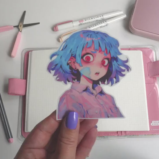 Anime-Inspired Blue-Haired Girl Sticker – Shocked Expression | Cute Creepy Character for Journals, Laptops & Water Bottles