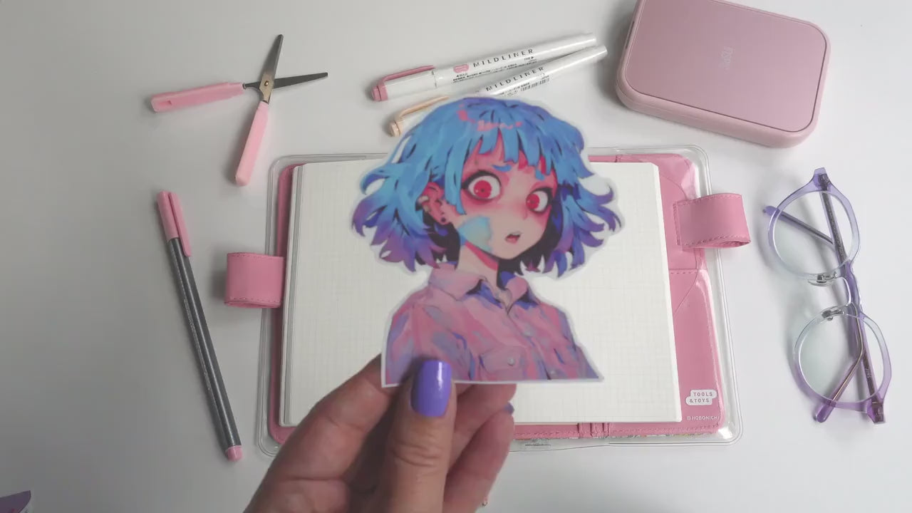 Anime-Inspired Blue-Haired Girl Sticker – Shocked Expression | Cute Creepy Character for Journals, Laptops & Water Bottles
