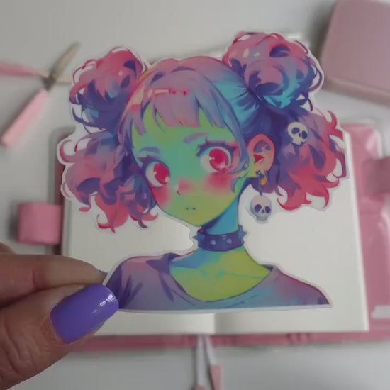 Colorful Zombie Girl Sticker - Cute Undead Ghoul with Skulls Vinyl Decal - Kawaii Creepy Vibes for Halloween Decor