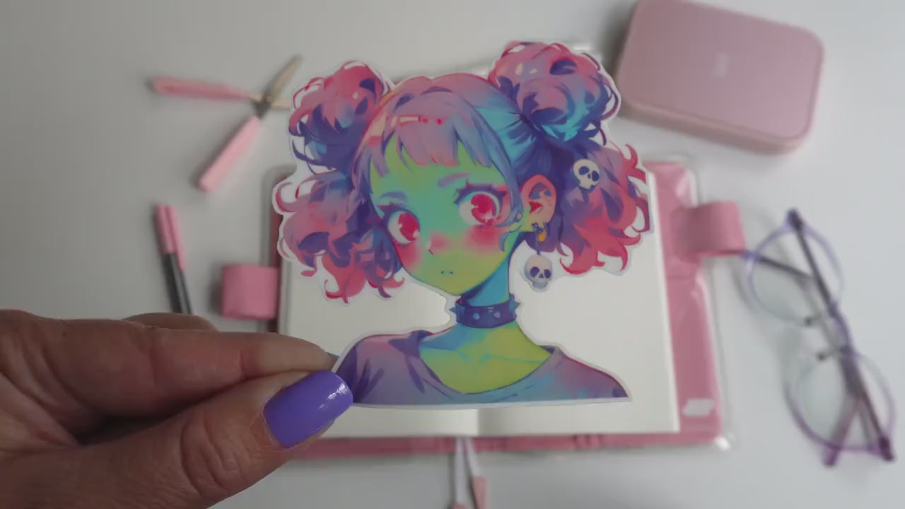 Colorful Zombie Girl Sticker - Cute Undead Ghoul with Skulls Vinyl Decal - Kawaii Creepy Vibes for Halloween Decor